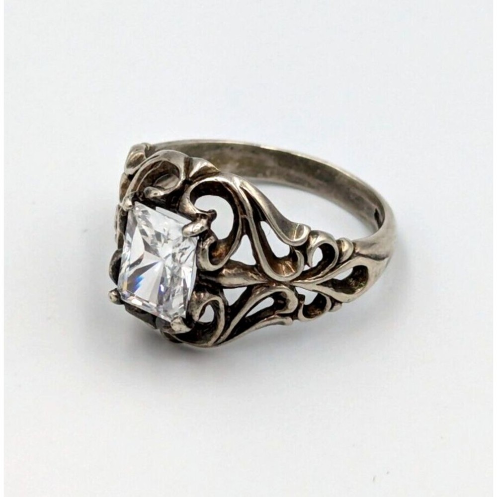 Vintage Kabana KBN Sterling Silver 925 Clear Emerald Cut CZ Filigree Ring Sz 8